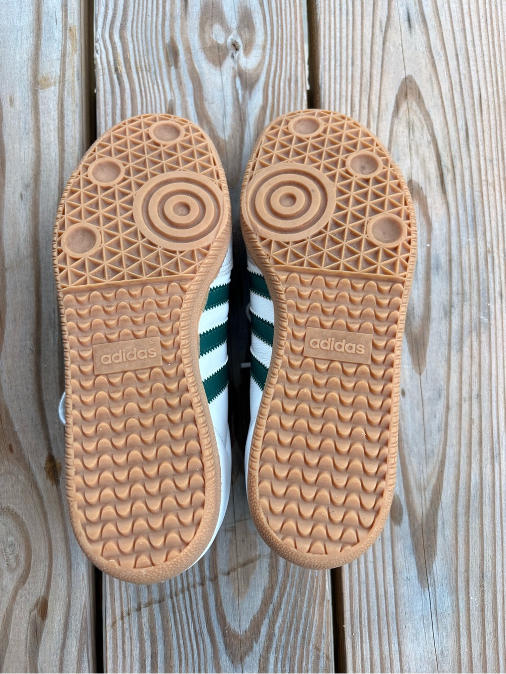 White Leather Adidas Sambas with Green Stripes - Picture 6 of 7